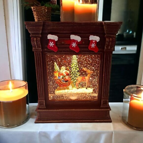 Fireplace Lighted Snow Globe LED Santa Sled Mantel Reindeer Y2K Christmas Winter - Picture 10 of 16